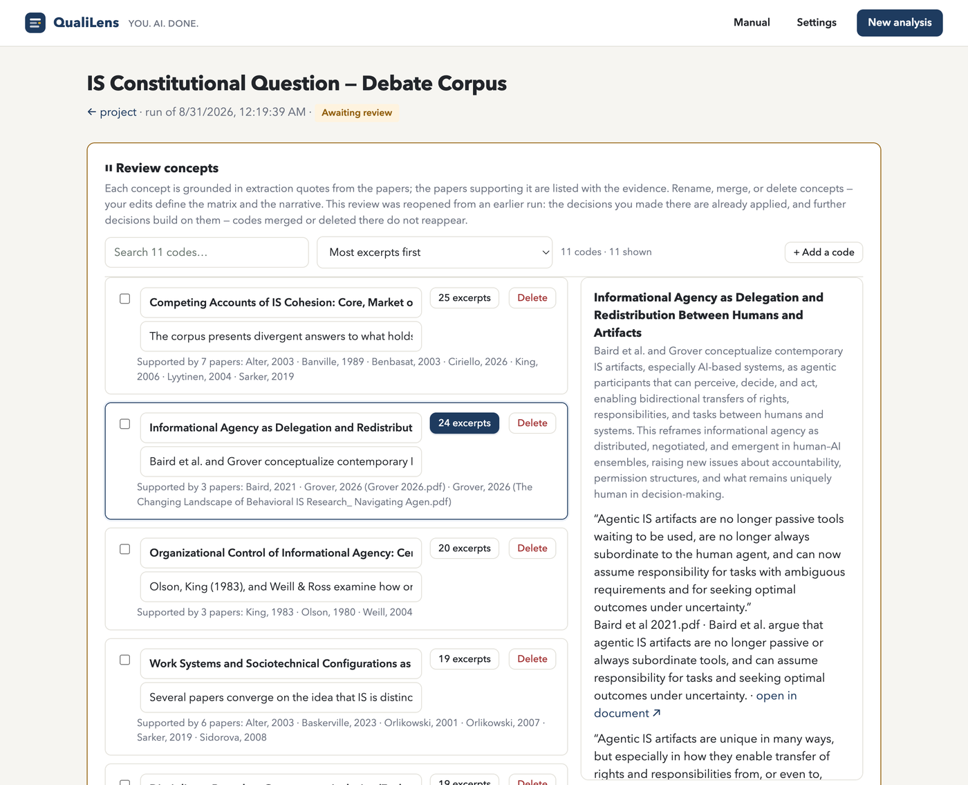 QualiLens checkpoint: reviewing concepts with evidence panel showing verbatim quotes and source links