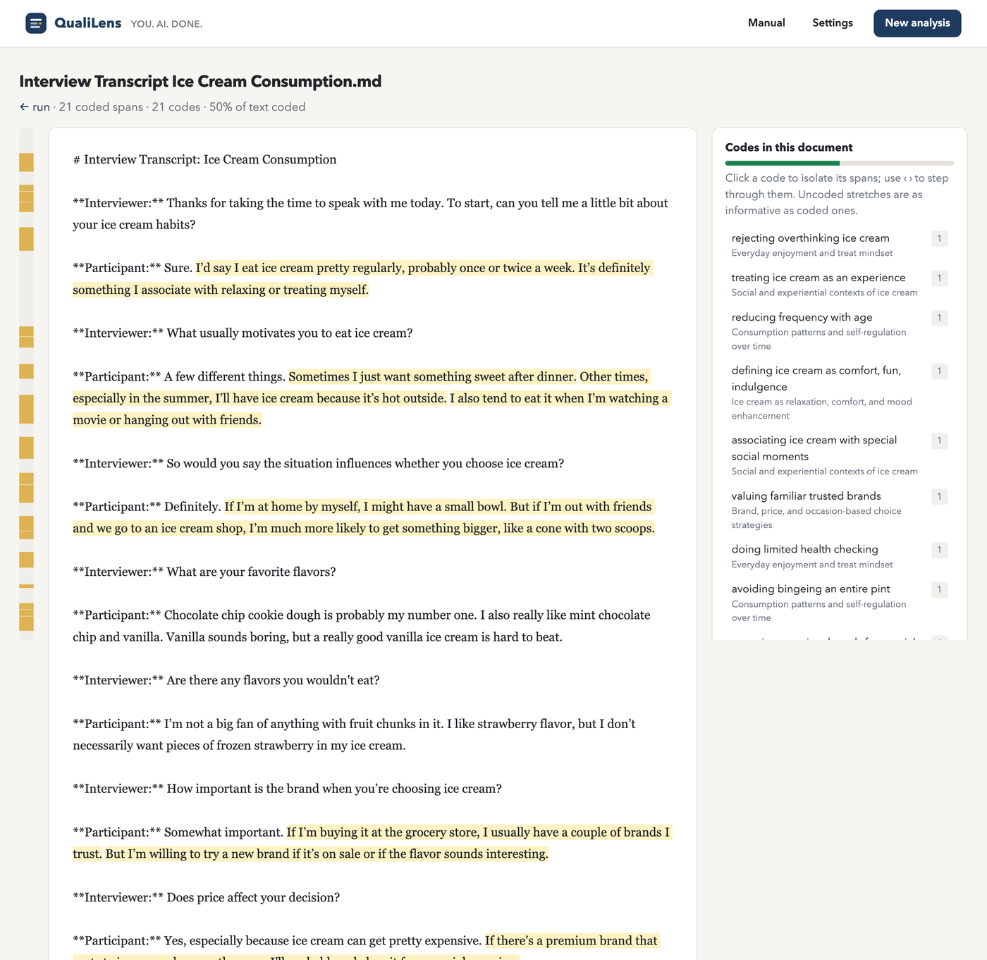 QualiLens coded-source reader: interview transcript with coded passages shaded in gold, minimap along the left edge, and a code panel listing all codes in the document