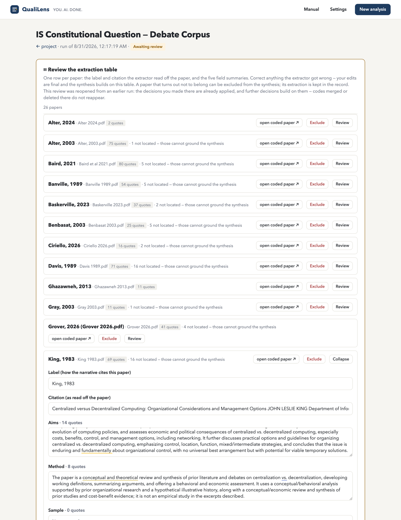 QualiLens extraction table: a paper expanded to show its five-field structured extraction with verbatim quotes per field