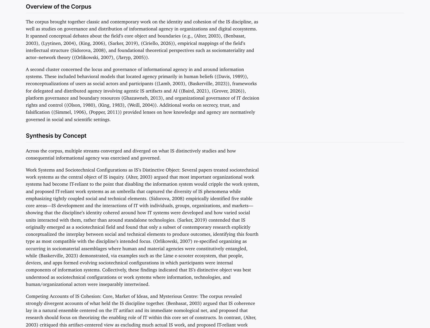 QualiLens literature-synthesis report: the corpus overview and the synthesis by concept, every claim citing the paper in the corpus that supports it