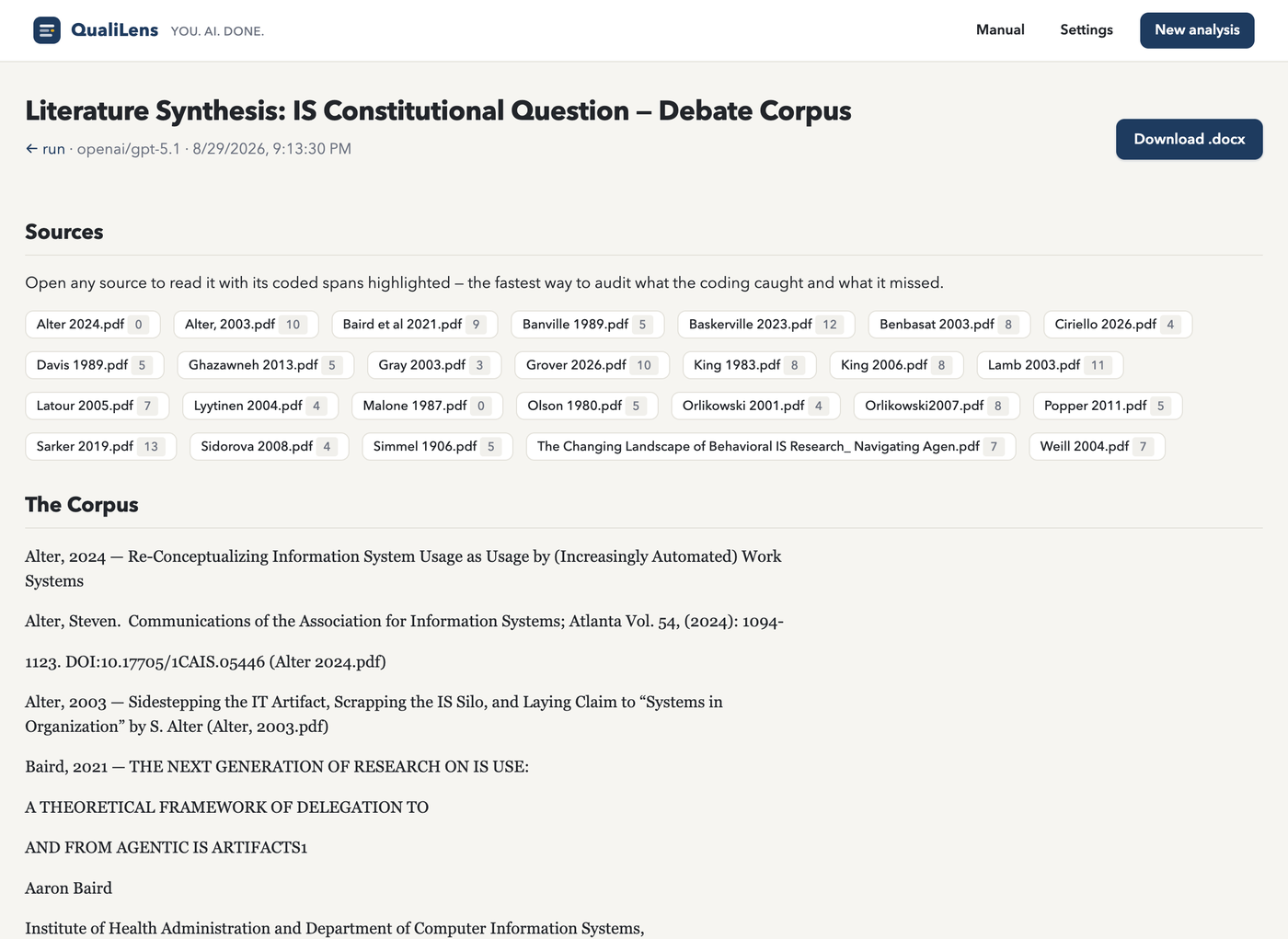QualiLens report: interactive report with table of contents, narrative sections, and source buttons